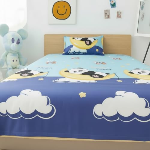 Image of Filymore Kids Single Bedsheet with Pillow Cover - Cloud Panda Theme, 240 TC Soft Microfiber Bed Sheet for Single Bed (90x60 Inches), Breathable & Skin-Friendly Kids Bedding Set, Sky Blue & Purple