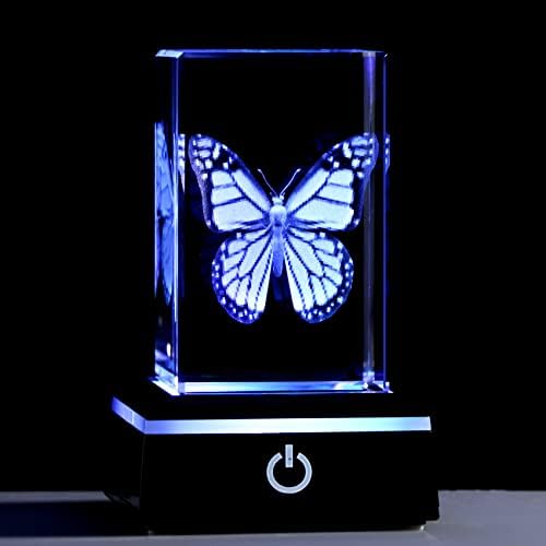 Movdyka 3D Crystal Etched Butterfly Gifts for Women, Butterfly Decorations with LED Light Base for Birthday Party & Room, Crystal Keepsakes & Paperweight