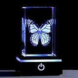 Movdyka 3D Crystal Etched Butterfly Gifts for Women, Butterfly Decorations with LED Light Base for B