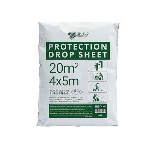 Shield Guard Pro 20m² Thick Plastic Protection Sheet (4x5m,20µm) for Painting & Renovation – Waterproof Drop Sheet for Painting, Furniture & Floor Cover Anti-Dust Furniture & Floor Protection Cover