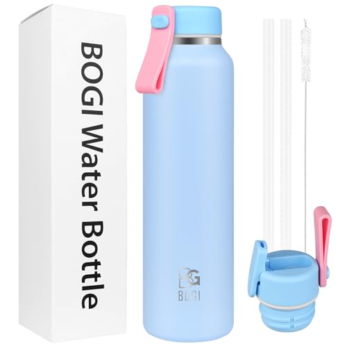 BOGI 475ml Metal Water Bottle with Straw, 2 Lids（Loop&Straw） Stainless Steel Water Bottle for Sport Travel LeakProof Double Wall Vacuum Drinks Bottle for Boys Girls Keep 12h Hot & 24h Cold | Blue
