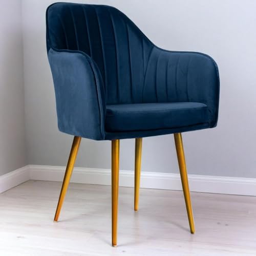 Image of Velvet Accent Chair | Luxury Upholstered Armchair with Sturdy Metal Legs | Modern Comfortable Chair for Living Room, Bedroom, Office, or Cafe (Golden Legs, Blue)