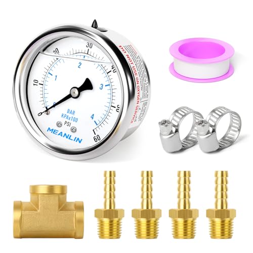 MEANLIN MEASURE 9Pieces KIT 0-60Psi Stainless Steel Liquid Filled Pressure Gauge 1/4" NPT 2.5" FACE DIAL, Back Mount with 1/4" 5/16" Hose Barb, Tee Fittings, WOG Water Oil Air