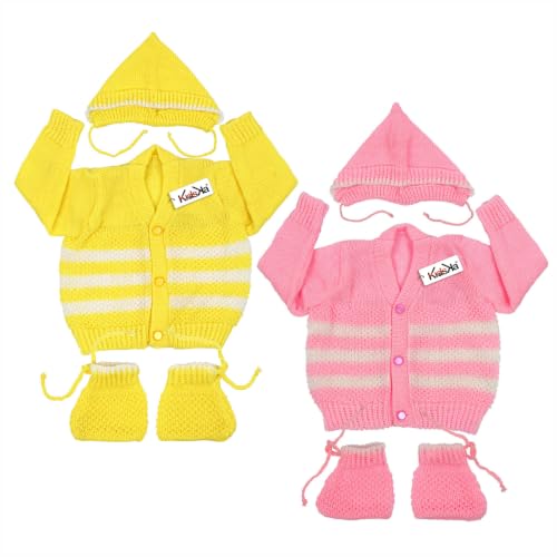 Image of Baby Winter Sweater | Wool Knit Full Sleeve Cardigan for Babies | Soft Warm Winter Clothing for Newborn Boys Girls & Toddlers Combo Pink & Yellow (3 to 6 Months) Pack of 2