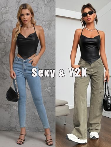 OYOANGLE Women's PU Leather Going Out Top Summer Sleeveless Draped Halter Crop Tank Cami Top3