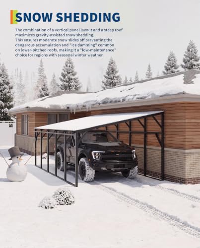 Image of Garvee 12x25x9 ft Lean-to Metal Carport, Wall-Mounted Car Port | Vertical Roof with 11.5 Slope / Heavy-Duty 19-Ga. Steel Frame / 107 inch to 78 inch Height Clearance for SUV & Pickup
