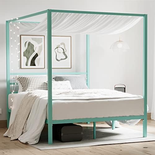 ikalido Queen Size Metal Canopy Bed Frame, Modern Four-Poster Platform Bed Frame, Mattress Foundation with Wood Slat Support/Under-Bed Storage Space/No Box Spring Needed/Green