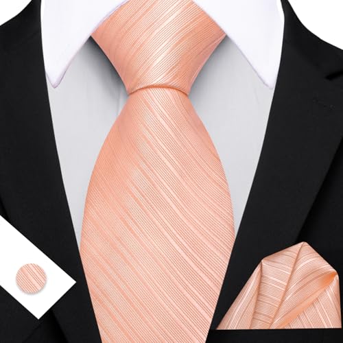 Image of Barry.Wang Solid Striped Tie for Men Silk Necktie Pocket Square Cufflinks Formal Wedding Party Business