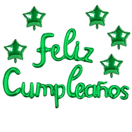 PANRRPERS Feliz Cumpleanos Balloon Banner Spanish Happy Birthday Banner with 5 pcs Star Balloons Fiesta Party Theme (Green)