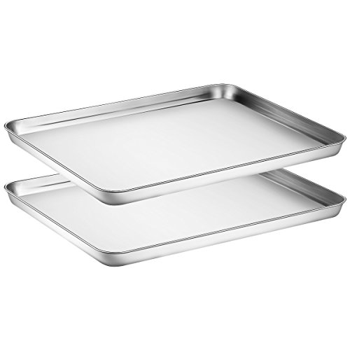 Baking Sheets 2 Pieces with A Rack, HKJ Chef Cookie Sheets and Nonstick Cooling Rack & Stainless Steel Baking Pans & Toaster Oven Tray Pan, Rectangle Size 16 x 12 x 1 inch & Non Toxic (2x16inch)