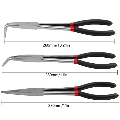 3/5Pcs Long Needle Nose Pliers Set, 11 Inches Carbon Steel Long Reach Pliers Non-Slip Straight Pliers 25°/45°/90° Bent Nose Pliers O-Shaped Circle Pliers For Machinist Engineer Narrow Spaces (3 Pcs) #TOP1