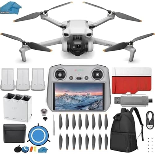 DJI Mini 3 Drone (DJI RC) - & Fly More Kit Lightweight and Foldable 34-min Flight Time Camera Drone Bundle with Built in Monitor, with 128 GB SD, 3.0 USB Card Reader, Landing Pad, Backpack and More