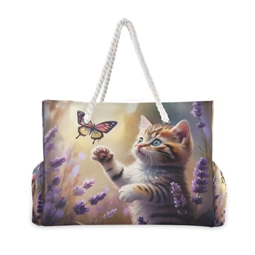 Cat Butterfly Beige Beach Tote Bag for Women Large Travel Tote Bags Waterproof Carry On Swim Pool Bag Beach Bags with Zipper for Yoga Gym Women Vacation Essentials Nurse2
