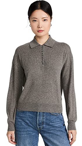 Theory Women's Button Placket Polo Cashmere Sweater, Warm Heather Grey, Xl #TOP20