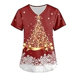 DHYUEN Kasackskasacks Damen Kurzarm Christmas Damen Pflege Haustierpflege Bluse Damen Kasack Damen Pflege Mit Weihnachten Freizeit Weihnachten Krankenhaus Schlupfhemd(2-Vermilion,XL)
