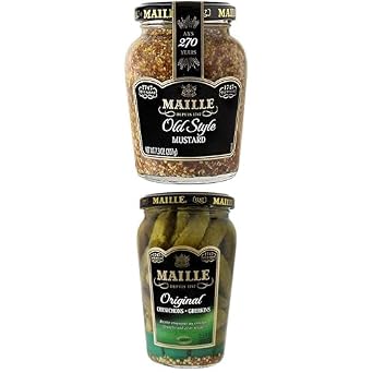 Maille Gourmet Bundle Old Style Mustard 7.3oz & Pickles Original Cornichons for sandwiches or snacking 13.5 oz