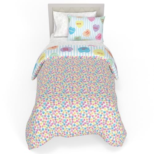 Image of Sweethearts Original Candy Hearts Bedding 5 Piece Twin Bed Set, Soft Cozy Nostalgia Reversible Comforter and Sheet Set with Sham, Officially Licensed Product By Franco