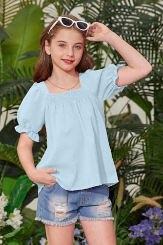 Image of BesserBay Girls Summer Puff Short Sleeve Square Neck Tee Shirts Ruffle Smocked Blouses Cute Swiss Dot Tops 5-14 Years