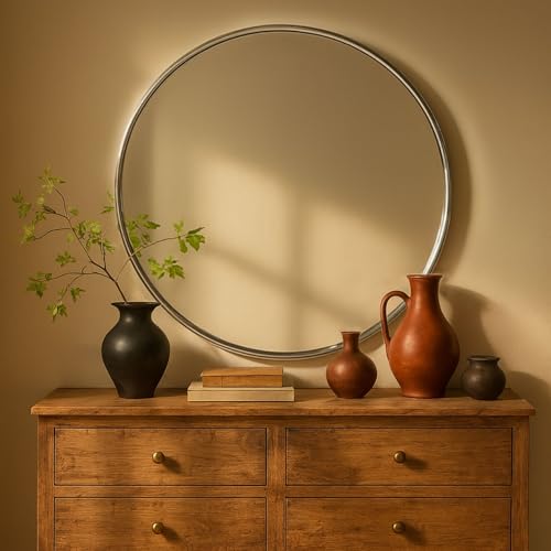 Image of TEHOME Round Chrome 30 inch, Polished Silver Circle Metal Frame Bathroom Round Mirror for for Vanity & Entrway