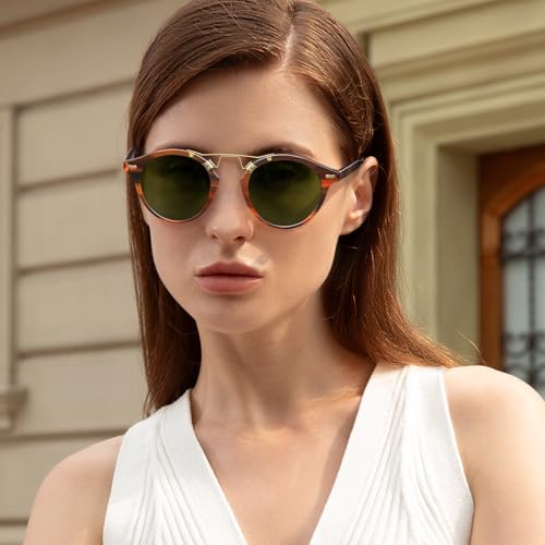 Image of CARFIA Small Face Acetate Polarized Sunglasses for Women UV Protection, Retro Double Bridge Eyewears Metal Brow Round Sunnies