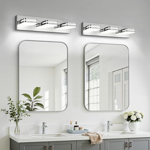 Image of Torondo 360 Rotate LED Bathroom Vanity Light Fixtures, Acrylic Vanity Lights for Bathroom, Modern Wall Lighting Fixtures Over Mirror Living, Chrome, Natural White, 3-Light, 17-Inch