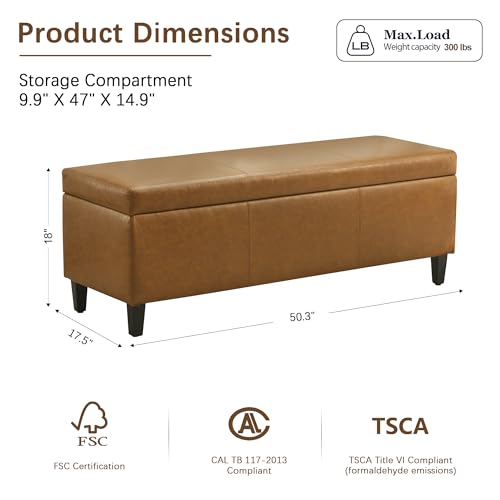 Image of HUIMO Faux Leather Storage Ottoman Bench 50.3 Inch Extra Long PU Upholstered Bedroom Bench with Large Storage Space for The Living Room, Entryway, Bedroom Hold Up to 300lbs (Light Brown)