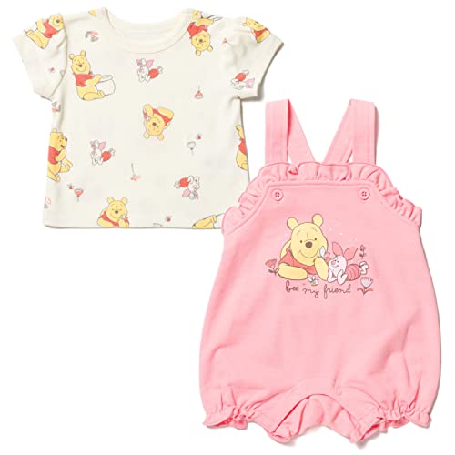 Image of Disney Minnie Mouse Winnie the Pooh Baby Girls French Terry Short Overalls and T-Shirt Newborn to Infant