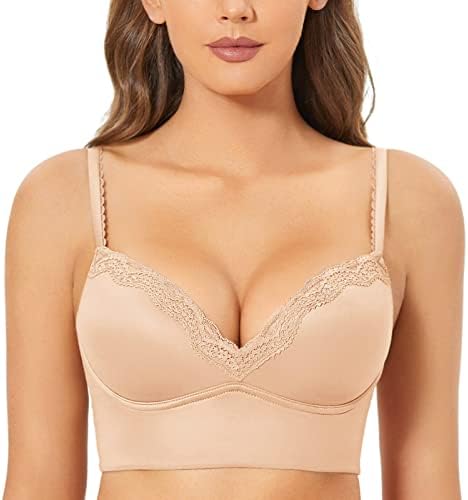 DOBREVA Women's Push Up Bra Wireless Padded No Underwire Bralettes Lace Plunge Bras Beige 38C