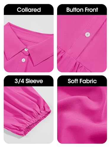 Image of Wenrine Womens Casual 3 /4 Sleeve Shirt Dress Button Down V Neck Tiered Collared Flowy Maxi Dress