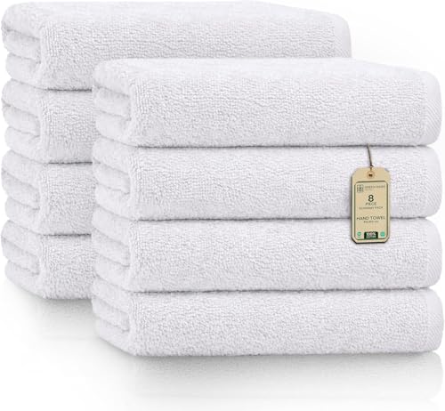 NatureMark Green Mark Hand Towels - Set of 8 – 100% Cotton, Soft & Absorbent, Premium Quality for Bathroom, Spa and Gym, 20 × 40 in (White) by GREEN MARK Textilien - Used condition - US$23.59