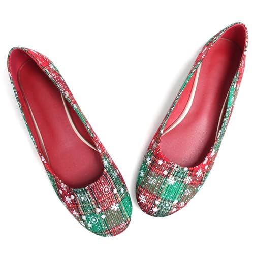 Hee grand Christmas Shoes for Women Pointed Toe Plaid Snowflake Flat Shoes Comfortable Slip on Flats Red/Green Shoes for Christmas4