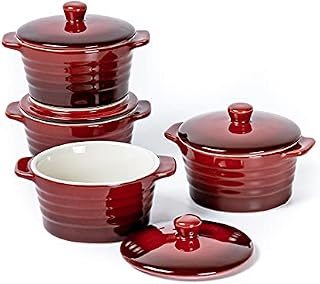 UNICASA Ceramic Ramekins with Lid, Set of Casserole Red for Soup, Creme Brulee, Ice Cream and Souffle, Baking Dish for Kitchen Baking, Oven Safe, Ramekins Bowls Red - 4 x 250mL