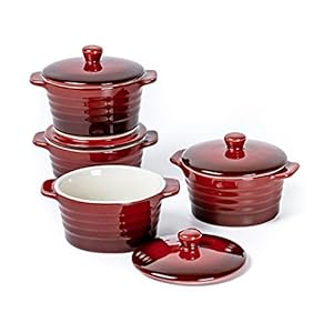 Ciotole con Coperchio e Mini Stampi in Ceramica, Pirottini per Soufflé 250 ml, Mini Casseruola da forno, Ramekin Set da 4 pezzi – 250 ml, Rosso