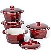 Ceramic Ramekins with Lid, UNICASA Set of Casserole Red for Soup, Creme Brulee, Ice Cream and Sou...