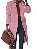 Onsoyours Damen Lang Blazer Winter Revers Wollmantel Trench Jacke Lange Parka Overcoat Outwear Elegant Langarm Blazer Sakko Einfarbig Slim Fit Blazerjacke Rosa M