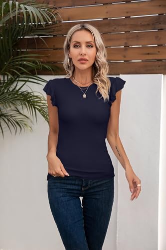 Image of VICHYIE Summer Women Ruffle Cap Sleeve Pretty Fitted Shirt | Ribbed Knit, Basic, Casual, Fashion Blouse, Solid Color