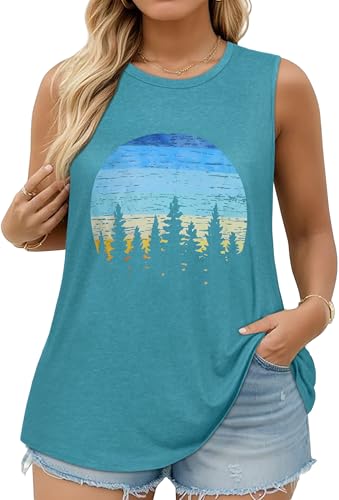 Women Plus Size Tank Tops Summer Sleeveless Top Crew Neck Casual Blouse Oversized Shirts(Blue Green Sunset,2XL)