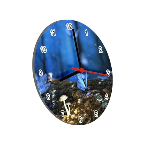 Horloge murale blanche papillons bleus verre 20cm