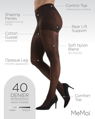 Image of MeMoi Semi-Opaque Tights, Comfortable and Lightweight Control Top Tights, 40 Deneir - Sizes Small to Q2