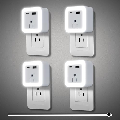 Image of Night Lights Plug Into Wall 4 Pack Rechargeable Battery Backup Light Dusk to Dawn Sensor Night Light with Outlet Expander for Adults Kids Bedroom, Kitchen, and Bathroom (4, cool white, 5000K)