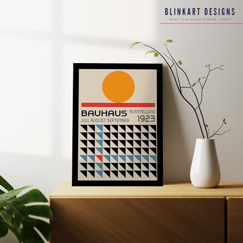 Image of BLINKART Vintage Bauhaus Retro Geometric Aesthetic Poster Gallery | Colorful Wrap Framed For Home Office Studio Living Room Modern Art Studio Decoration Abstract Shapes | (d149) | 13x10 Inch