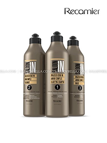 Recamier SalonIn Braziliss Kerat-in Amino Kit Complex Frizzed Damaged & Dry Hair Para Cabello Frizzado DaÃ±ado y Seco: Clarifying Shampoo, Treatment, Mask 33.8oz(1000ml) x3