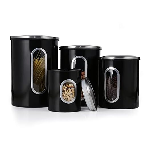 malmo Canisters Set, 4 Piece Food Container Window Kitchen Canister with Fingerprint Resistance Lids, Black