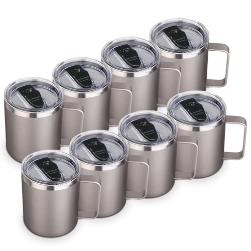 Volhoply 14oz Insulated Stainless Steel Coffee Mug with Lid Bulk 8 Pack,Double Wall Vacuum Travel Coffee Cup with Handle,Reusable Metal Cups Tumbler,Camping Mugs Keep Hot,Ideal Gifts(Gray,8 Set) by Volhoply - Used condition - US$51.04