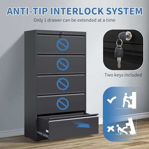 FLIXELIO File Cabinets 5 Drawer,Metal Office Storage Filing Cabinet with Lock,Black Lateral Filing Cabinet for Home Office,Horizontal Locking File Cabinet for Legal/Letter/A4,Assembly Require,Black - Thumbnail 5