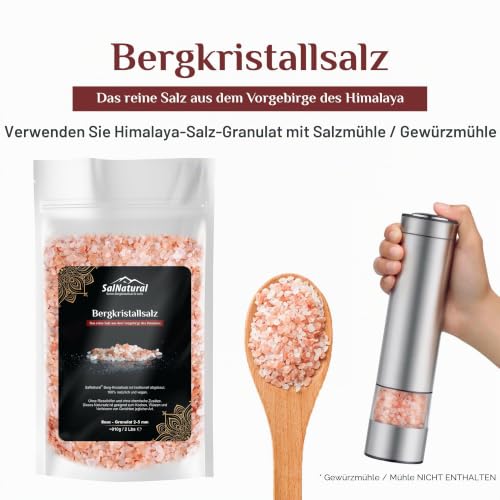 Foto von SalNatural© Rosa Granulat kristallsalz für Salzmühlen, grobes Natur-Steinsalz (bekannt als Himalaya Salz) aus Salt Range-Pakistan. 100% Naturbelassen. Wiederverschließbarer Beutel