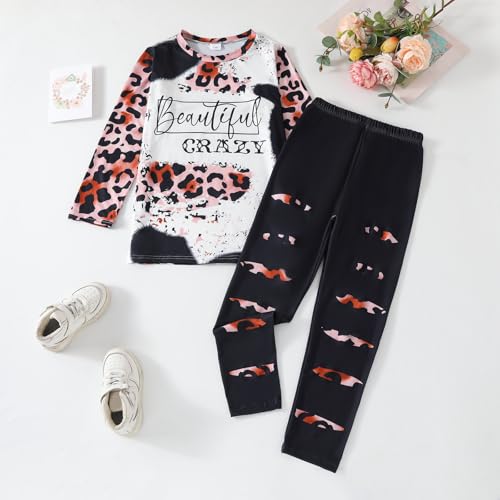Image of Tween Girl's Letter Print Top + Jogger Pants 2 Piece Casual Outfit Set Kids Fall Clothing, Sizes 6-14 Years