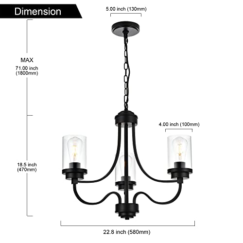 Melucee Black Chandelier, 3-Light Rustic Chandeliers For Dining Room, Farmhouse Lighting Fixtures Ceiling Hanging With Clear Glass Shade, Pendant Lighting For Kitchen Island Entryway Foyer #TOP3