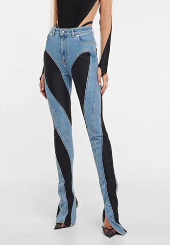 Women's Skinny Stretch Jeans Patchwork Contrast Color Stretch Trendy High Waist Split Long Pockets Denim Pants2