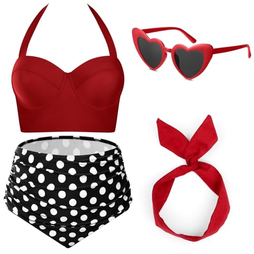 JaGely 4 Pcs 1950s Women Retro Bikini Sets Vintage High Waisted Swimsuits Wire Headband and Heart Sunglasses (Polka Dot,Red White Black,L)